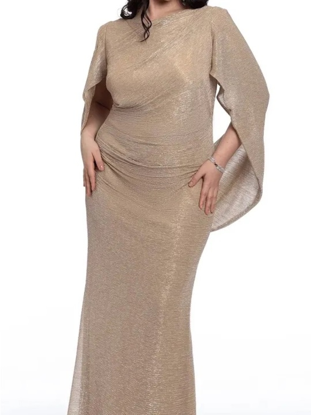 Betsy & Adam Cape Back Metallic Gown